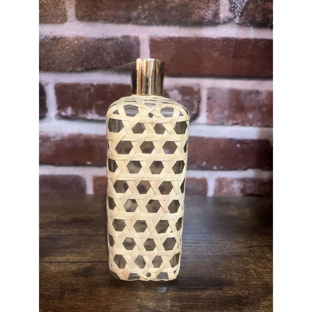 Vintage Wicker Wrapped Square Whiskey (?) Bottle With Metal Cap; has cork inside